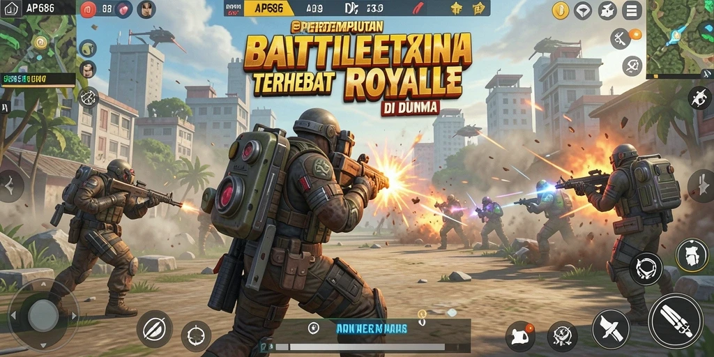 Screenshot menunjukkan gameplay Battle Royale yang mendebarkan di AP686.
