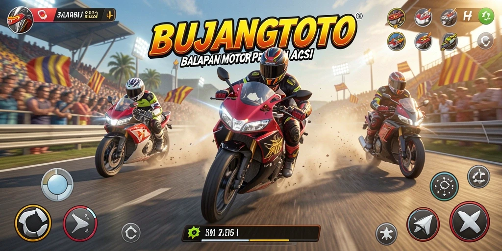 Tampilan utama gameplay BUJANGTOTO yang menampilkan aksi balapan motor.