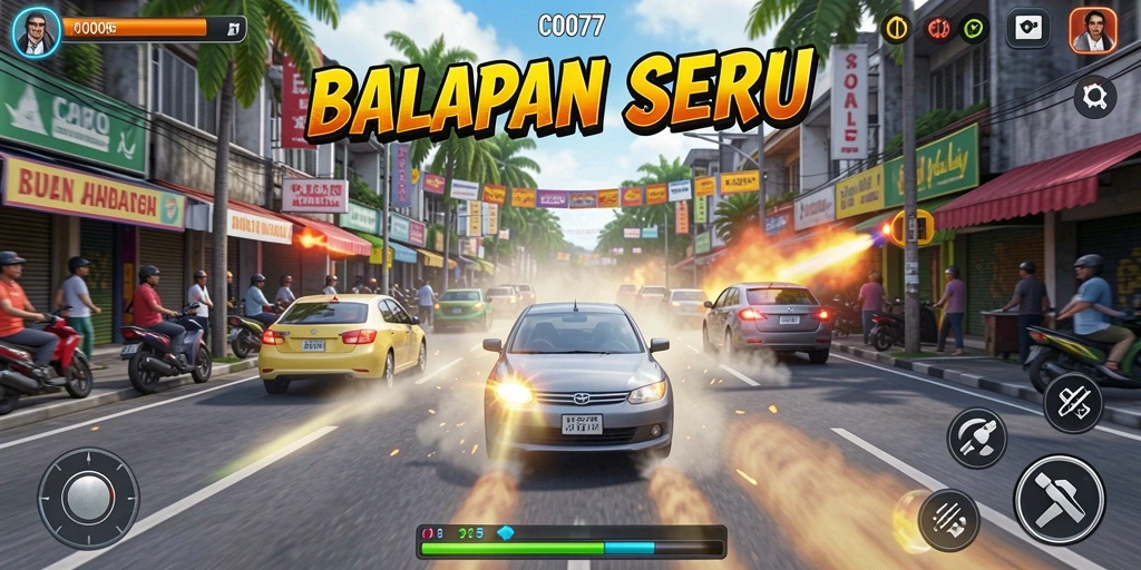 Screenshot dari gameplay C0077 yang menunjukkan aksi balapan yang seru.