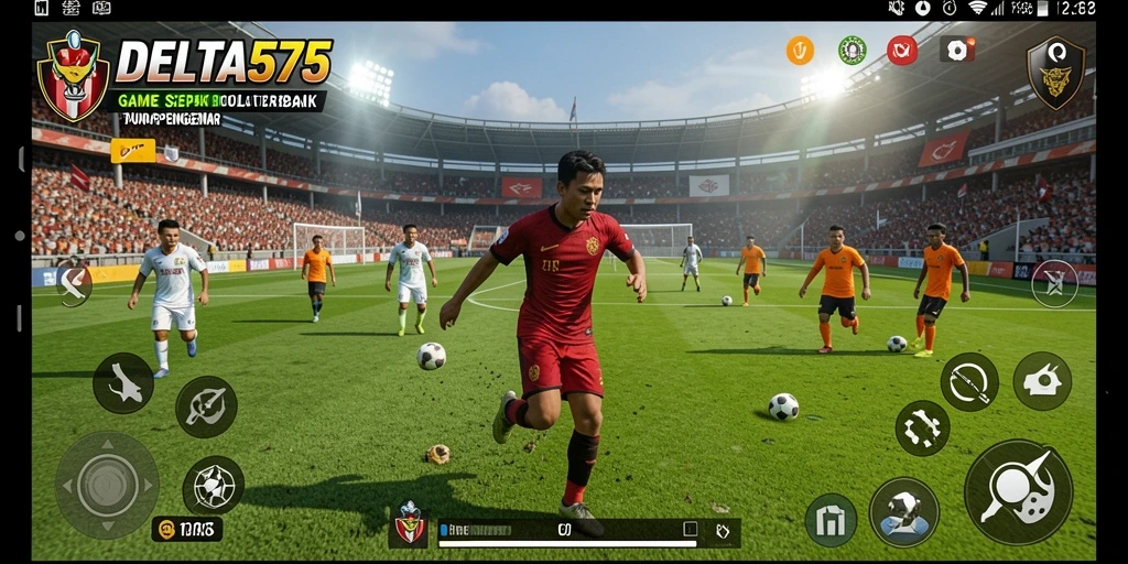 Screenshot DELTA575 menampilkan aksi mendebarkan di lapangan sepak bola.