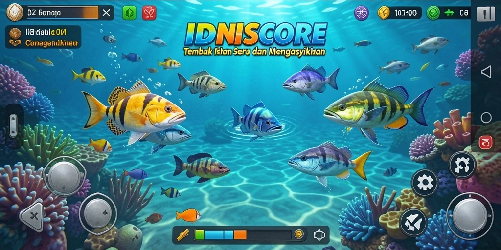 Screenshot gameplay IDNSCORE yang menunjukkan aksi menembak ikan yang menegangkan.