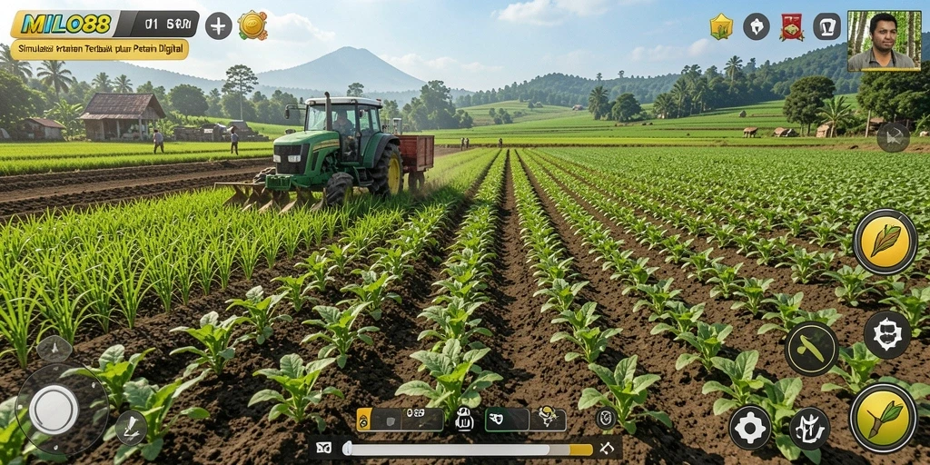 Tampilan screenshot dari gameplay <strong>MILO88</strong> yang memperlihatkan kebun yang rindang dan hasil panen melimpah.