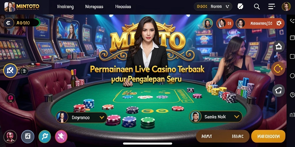 Tangkapan layar gameplay MINTOTO menunjukkan dealer langsung dan suasana kasino yang melibatkan.