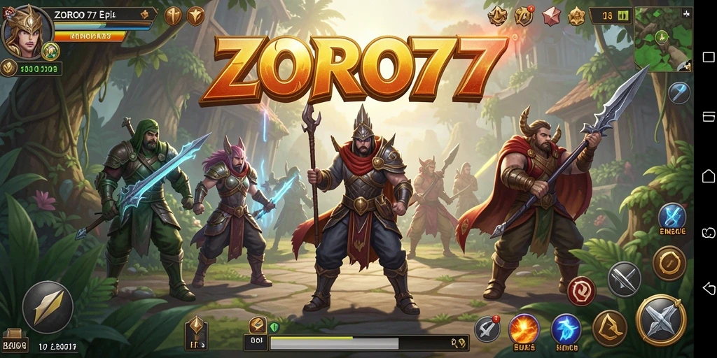 Tampilan aksi seru dalam game RPG ZORO77 dengan karakter yang berinteraksi.